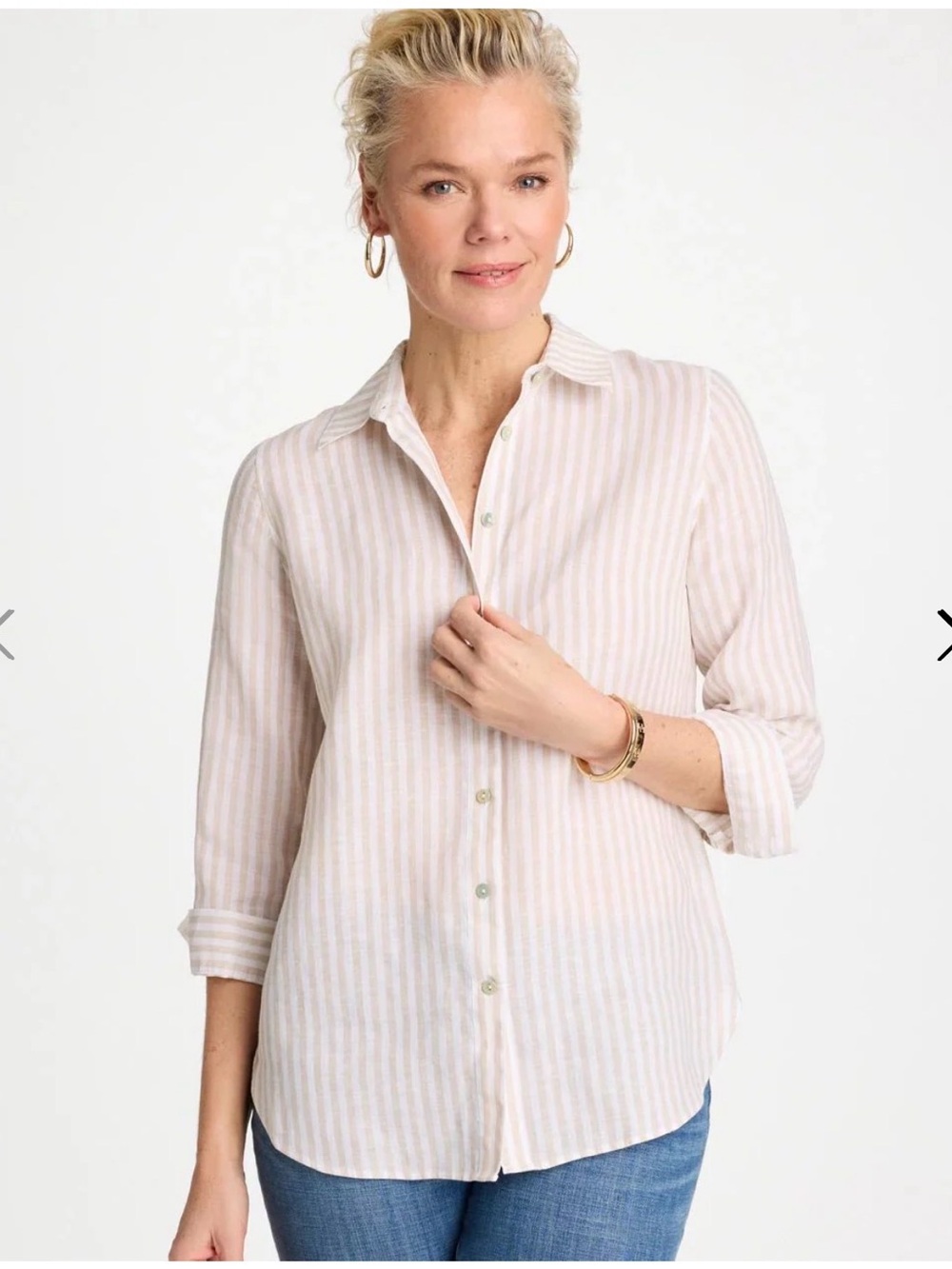 Chico's Beige and White Striped Button-Down Shirt
